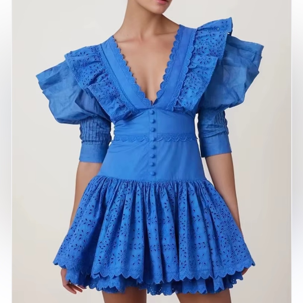Blue Eyelet Mini Dress with Puff Shoulders